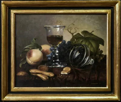 Vintage Russian Still Life Oil Painting Glass Of Wine And Peach Signed Shilegov • $330