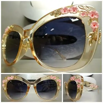 OVERSIZED VINTAGE RETRO CAT EYE Style SUNGLASSES Thick Nude Frame Floral Design • $29.99