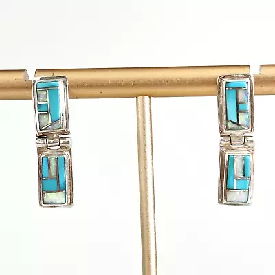 925 Sterling Silver Vintage Fire Opal & Turquoise Inlay Post Dangle Earrings • $59.99