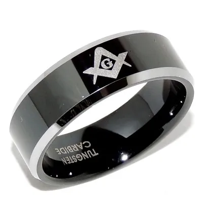 Mens Masonic Mason Symbol Black IP Tungsten Carbide Beveled Ring Wedding Band • $21.99