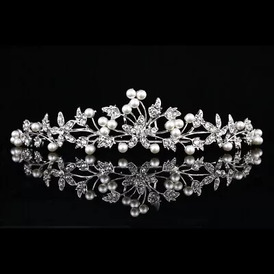 $15.99 • Buy Silver Wedding Bridal Headpiece Rhinestone Crystal Pearls Floral Tiara V881