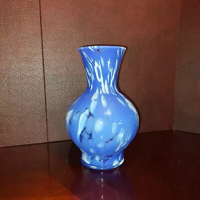 Vintage Art Glass Ice White And Blue Optic Spattered Vase • $33