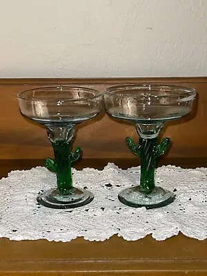 Saguaro Cactus Margarita Glasses Green Handblown 6.5  Height (Set Of 2) • $15