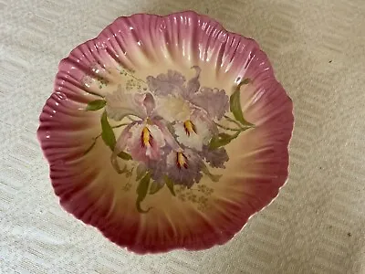 Antique Franz Mehlem Bonn Germany Hand Painted Flowers Iris Pink Bowl 10 1/2  • £24.13