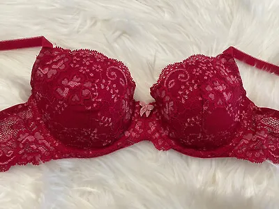 Pink Victoria’s Secret Dream Angles Lined Demi Underwire Bra Red Lace Sexy 32C • $25.85