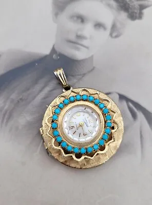 Vtg Pierre Givault 17 Jewel Swiss Ladies Gold Turquoise Mechanical Pendant Watch • $24.99