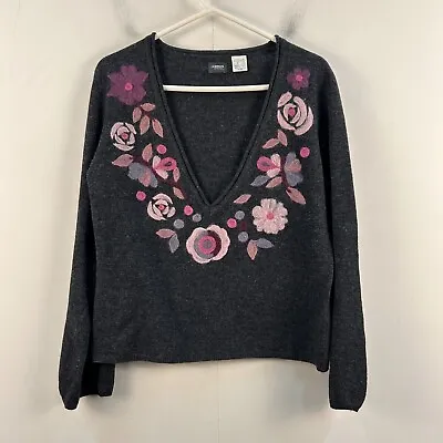 La Redoute Creation Womens 10/12 Sweater Gray Floral V Neck Knit Lambswool 15389 • $20.30