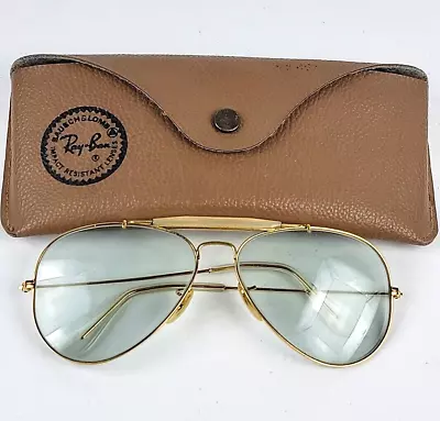 Vintage B&L Ray-Ban 58[]14 Aviator Sunglasses Grey Shooting Gold Tone Frames • $169.99