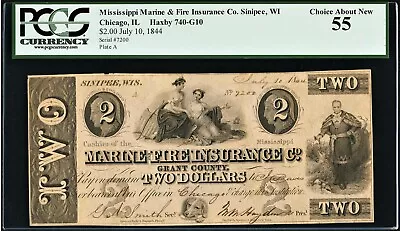 1844 Sinipee WI - Mississippi Marine And Fire Insurance Co. $2 PCGS Abt. New 55 • $187.50