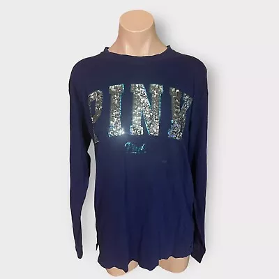 VS PINK Navy Blue Long Sleeve Crewneck Sequined Logo Small Shirt  • $14.99