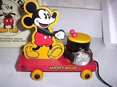 RARE Vintage FOSSIL MICKEY MOUSE WATCH & COLLECTIBLE WOOD TOY Mint In Box #13607 • $150