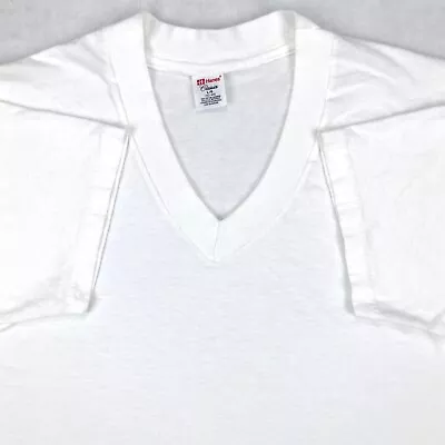 Vintage 80s BLANK WHITE HANES V-NECK T-Shirt MEDIUM/LARGE Soft Single Stitch • $21.24