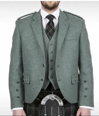 Men's Lovat Green Tweed Wool Argyle Kilt Jacket With Waistcoat Wedding Jacket • £86.64