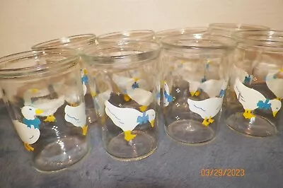 SET OF 8 VTG COUNTRY GOOSE BAMA JELLY JARS 4  With BLUE BOWS • $25.11