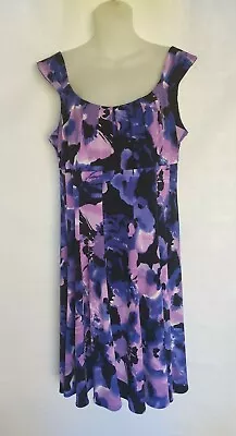 Maggie L Sleeveless Sz 12 Purple Patterned Lined Zippered Empire Waist Dress • $23.69