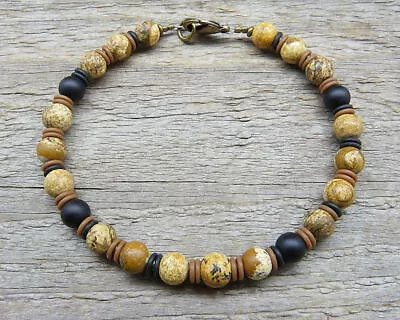 Mens Surfer Bracelet With Matte Jasper & Black Onyx Unisex Mens Brown Bracelet • $20.95