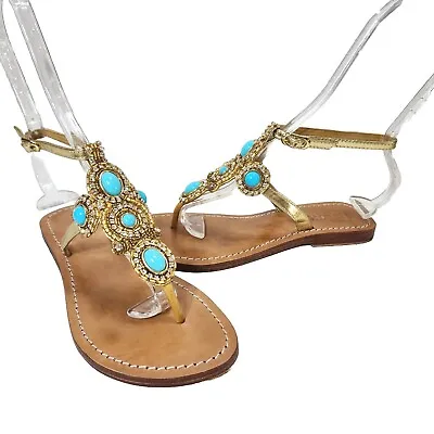 MYSTIQUE Jeweled T-Strap Sandals $300 Sz 7 Turquoise Stones Clear Crystals • $120