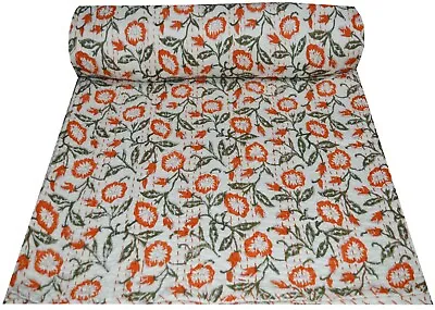 £31.20 • Buy Indian Reversible Block Print Kantha Quilt White Twin/Single Blanket Throw Art