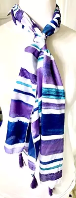 Juncture Tassel Scarf Purple White Blue Teal Stripe Oblong Sheer Lightweight • $13.99