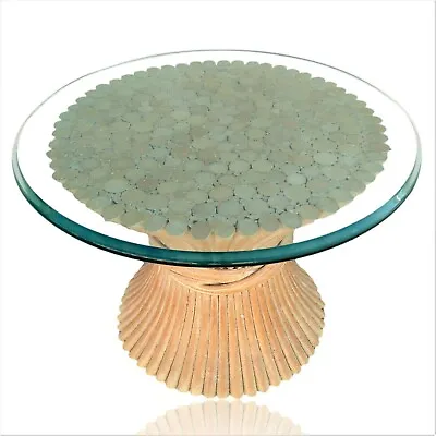 Rare McGuire Round Sheaf Of Wheat Rattan Bamboo End Table Accent Table W/ Glass • $895