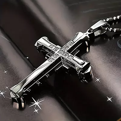 Titanium Steel Cross Pendant Necklace Zircon Inlaid For Men Classic Jewelry • $9.97