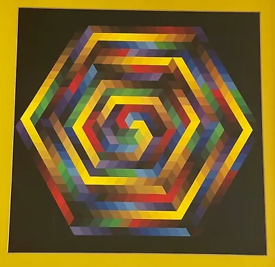 Vintage Hexagon Op Art Lithograph Print Mid Century Modern Wall Hanging Vasarely • $275