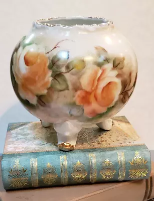 Beautiful Signed Round Vase With Cabbage Roses And Tripod Golden Feet • $30