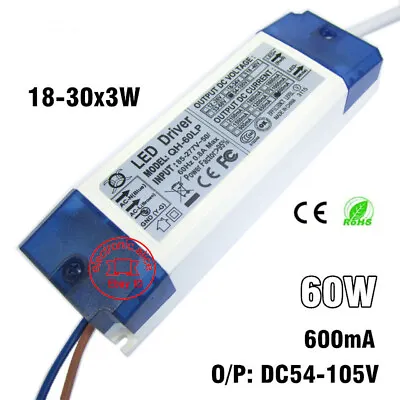 40W 50W 60W LED Driver 600mA 18-30x3W DC54-105V 0.95 High Power Factor Lighting  • $12