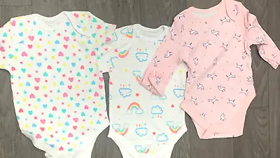 Baby Bodysuit 3 PACK PINK/SKY Trim Body Suit  Vest Short Sleeve Hearts & Rainbow • £6.99