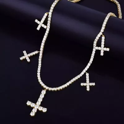 Mens 18k Gold 925 Silver True Micro Pave Hip Hop Upside Down Peter Cross Chains • £77.13