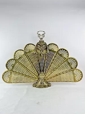 VTG 1970s Brass Art Deco Fireplace Screen Folding Peacock Fan • $145