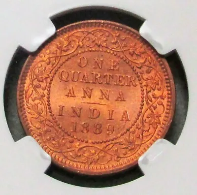 1889 C India 1/4 Anna Queen Victoria Coin Ngc Mint State 64 Red • $110