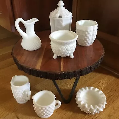 Lot Of 8 Vintage Fenton White Milk Glass Hobnail Candy Dish Pitcher • $29.87