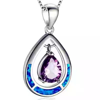 New Silver Water Drop Simulated Opal Simulated Opal Pendant Necklace Wedding Jew • $0.44