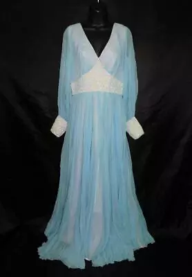 Vintage 60s Mike Benet M Light Blue Sequin Empire Maxi Dress Formal Gown Sheer • $44.99