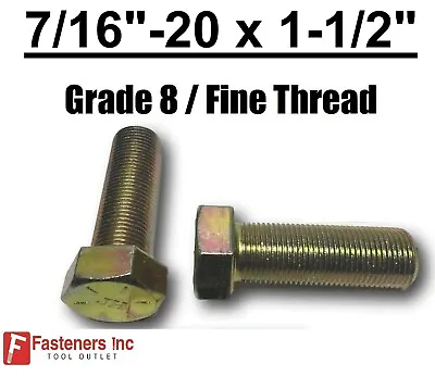 $21.09 • Buy 7/16-20 X 1-1/2  (FT) Hex Bolt Yellow Zinc Plated Grade 8 Cap Screw Fine Thread