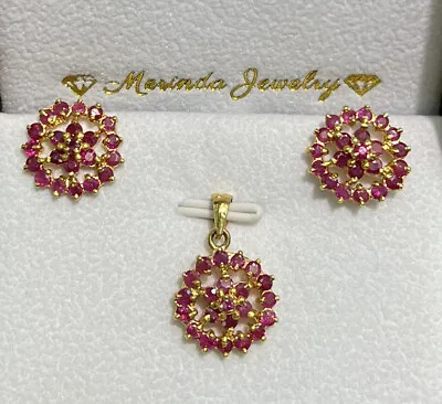 14k Solid Yellow Gold Cluster Pendant Earrings Set Natural Ruby 5.18 Grams • $356.96