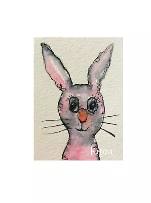 Painting ACEO ATC Artist Trading Cards Pink Bunny Rabbit By Kenna • $12.50