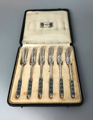 Antique Solid Silver & Enamelled Cake Forks Liberty & Co 1935 BEZX • £500