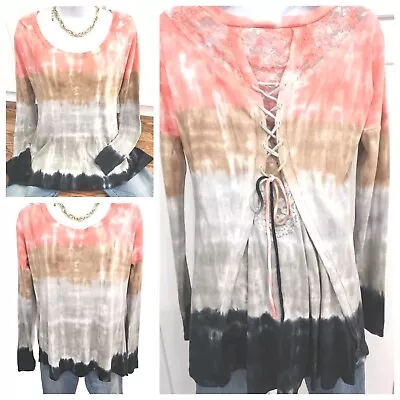 T Party Size S Tunic Top Tie Dye Crochet Lace Up Long Sleeve Knit 100% Cotton  • $18.99