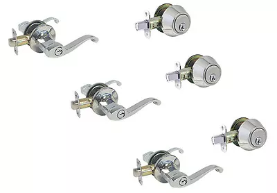 Set Of 3 Entry Door Lock Sets Polished Chrome Levers All Locks Keyed Alike • $87