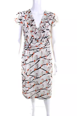 ERIN Erin Fetherston Womens Cream Bird Print V-Neck Zip Back Shift Dress Size 8 • $40.81