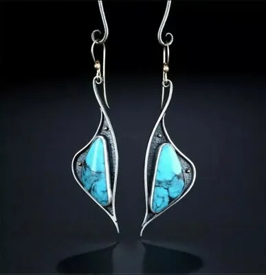 £4.99 • Buy Boho Ethnic Silver With Blue Turquoise Stone Drop Dangle Earrings UK Seller