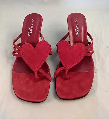 Via Spiga Red Suede Heel Sandals Slides Heart Accent Size 8 1/2 M Made In Italy • $38.99