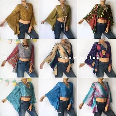 Indian Vintage Silk Sari Bell Sleeve Crop Top Retro 60s Clothing Lot Of 10 Pcs • $200.50