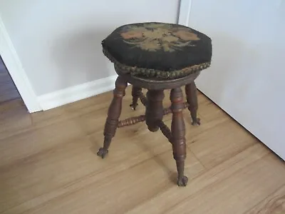 Antique Wood Piano Stool Glass Ball Claw Feet Victorian Swivel Needlepoint Seat • $79.99