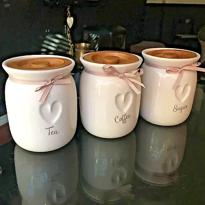 Tea Coffee Sugar Ceramic Canisters Engrave Charm Kitchen Jars Set Of 3 Storage • £25.99