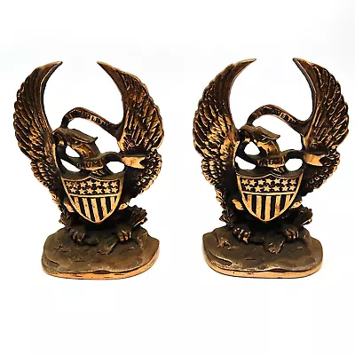 Vintage 2 Book Ends Cast Iron Bald Eagle Americana 13 Stars Copper Heavy • $34.95