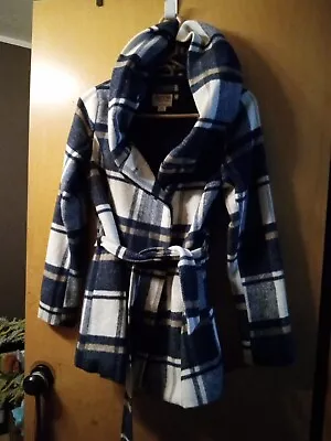 MOSSIMO SUPPLY CO Plaid Wool HOODED PEACOAT JACKET COUNTRY CHIC BELTED SIZE S • $32.95