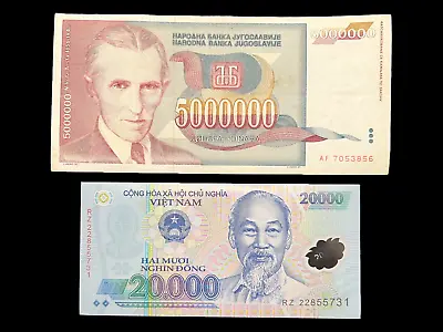 Vietnam 20000 Dong Banknote & Yugoslavia 5 Million Dinara Bill Currency Money • $5.99